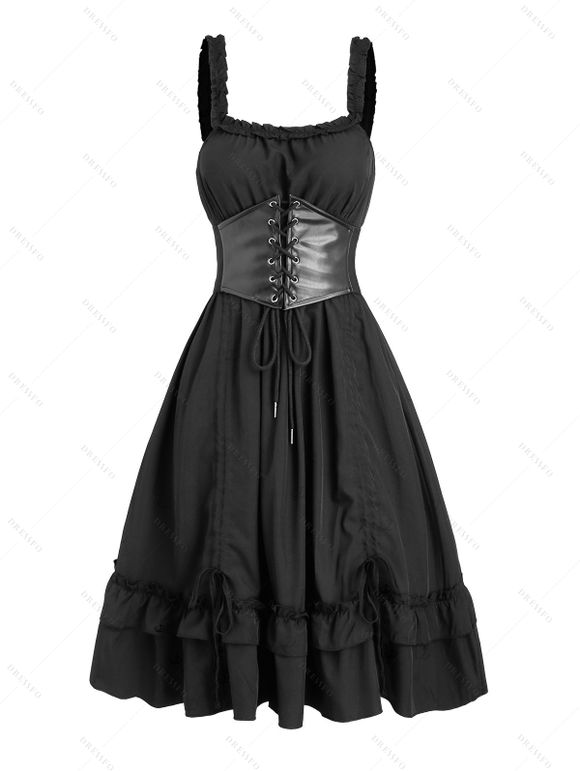 Robe gothique à empiècements en PU, lacets et volants, couleur unie - Noir XXL | US 14