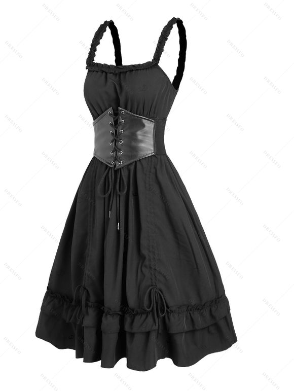 Robe gothique à empiècements en PU, lacets et volants, couleur unie - Noir XXL | US 14