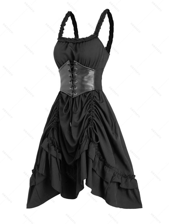 Robe gothique à empiècements en PU, lacets et volants, couleur unie - Noir XXL | US 14