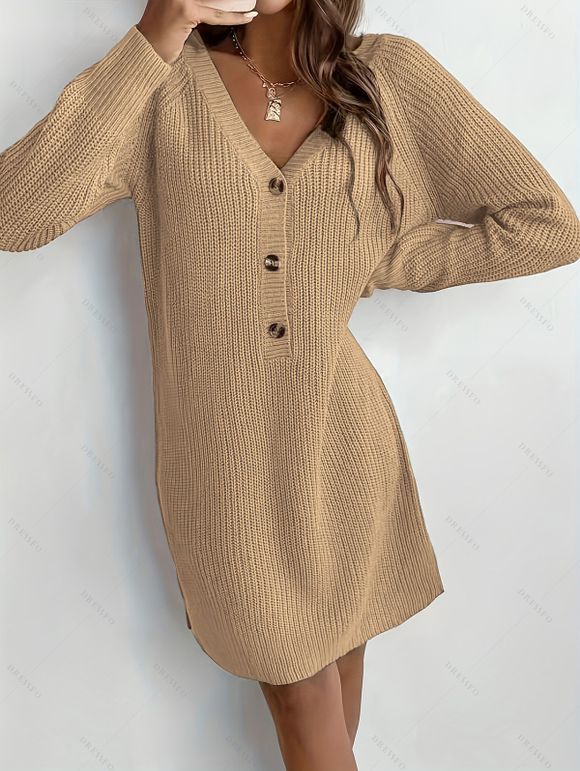 Robe courte boutonnée à col V en maille texturée unie - café lumière S | US 4