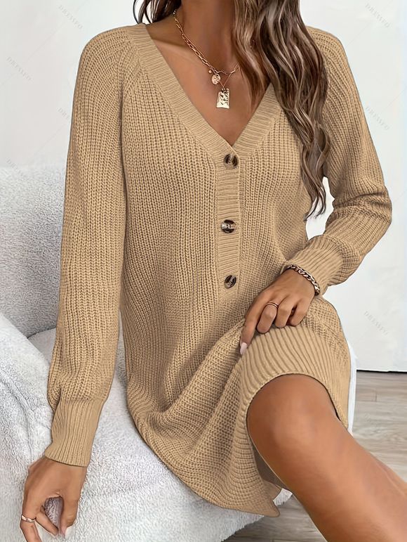 Robe courte boutonnée à col V en maille texturée unie - café lumière S | US 4