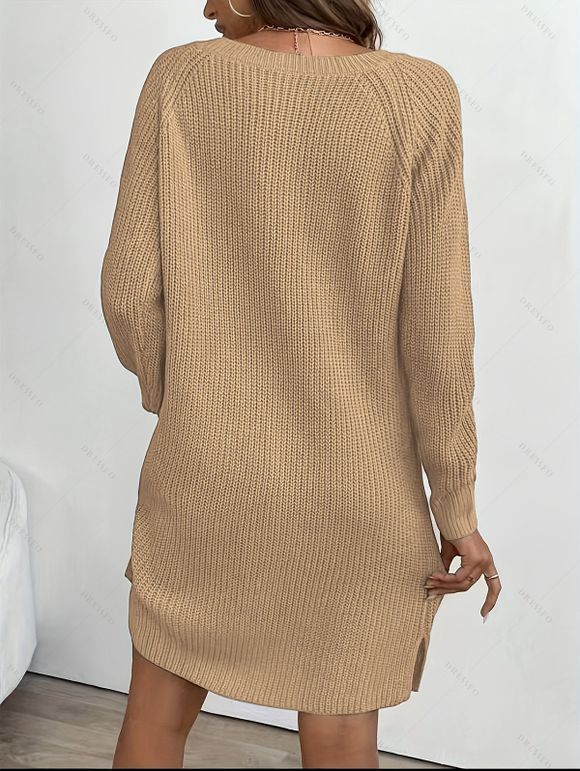 Robe courte boutonnée à col V en maille texturée unie - café lumière S | US 4