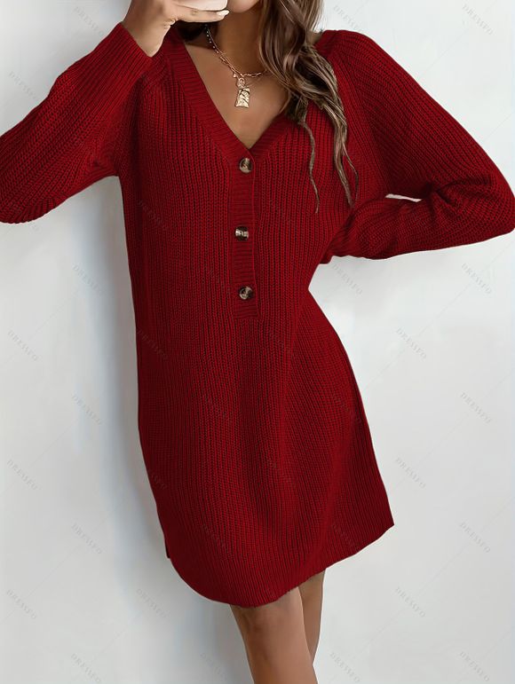 Robe courte boutonnée à col V en maille texturée unie - Rouge Vineux XXL | US 14