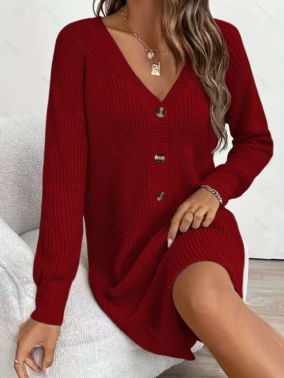 Robe courte boutonnée à col V en maille texturée unie - Rouge Vineux XXL | US 14