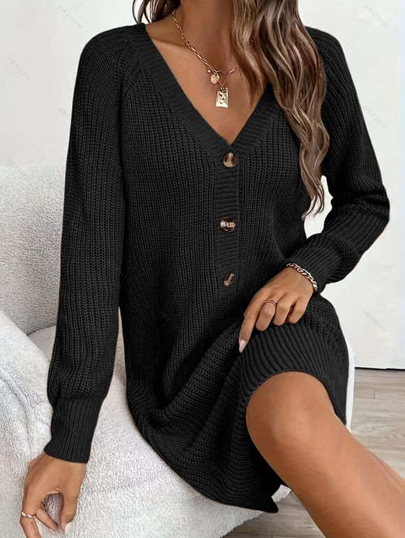 Robe courte boutonnée à col V en maille texturée unie - Noir XXL | US 14