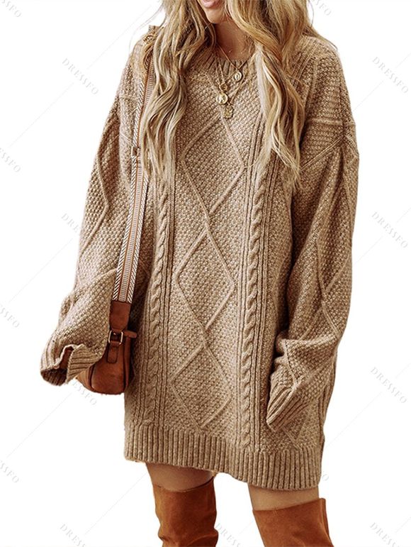 Robe pull vintage texturée, couleur unie, en maille torsadée - café S | US 4