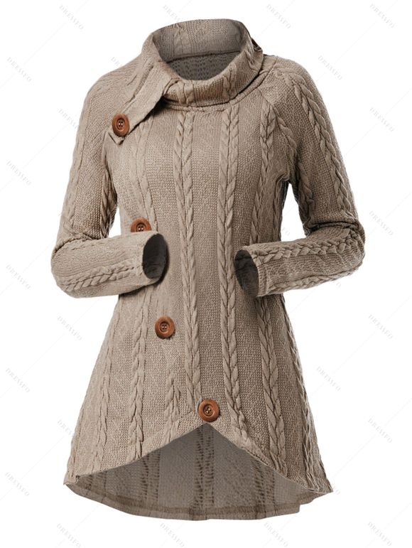 Pull en Tricot à Câble à Manches Raglan à Col Roulé - café S