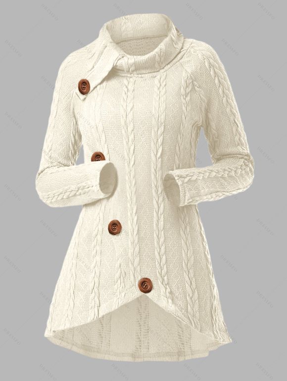 Pull en Tricot à Câble à Manches Raglan à Col Roulé - Beige XL