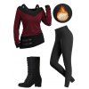 Winter Outfit Textured Heather Faux Twinset Top Fleece-Lined Leggings and Boots Set - Rouge foncé S | US 4