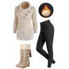 Winter Outfit Solid Color Textured Mock Button Sweater Fleece-Lined Leggings and Boots Set - café lumière S | US 4