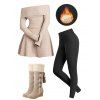 Winter Outfit Cable Knit Off the Shoulder Dress Fleece-Lined Leggings Boots Set - café lumière S | US 4