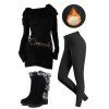 Winter Outfit Thumb Hole Belted Hooded Dress Fleece-Lined Leggings and Boots Set - Noir S | US 4
