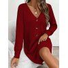 Robe courte boutonnée à col V en maille texturée unie - Rouge Vineux XXL | US 14