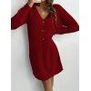 Robe courte boutonnée à col V en maille texturée unie - Rouge Vineux XXL | US 14