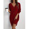 Robe courte boutonnée à col V en maille texturée unie - Rouge Vineux XXL | US 14