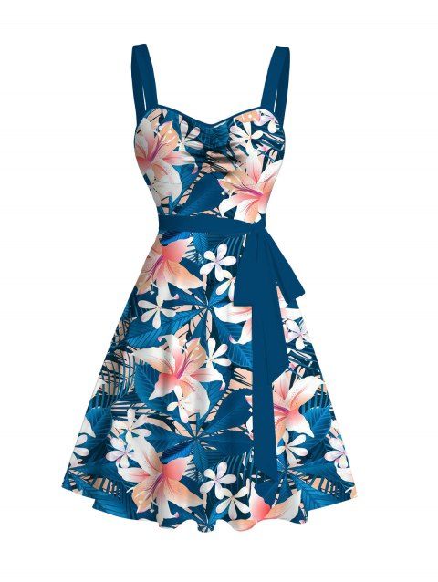Robe de vacances imprimée de lys et de feuilles, avec ceinture froncée