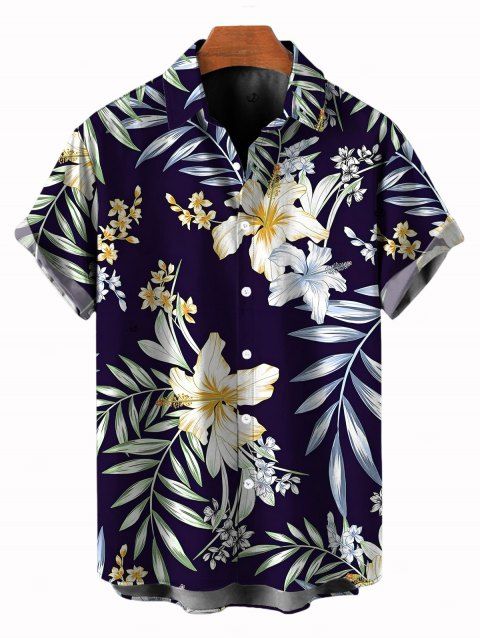 Chemise de vacances pour homme, imprimé fleurs et feuilles, boutonnée