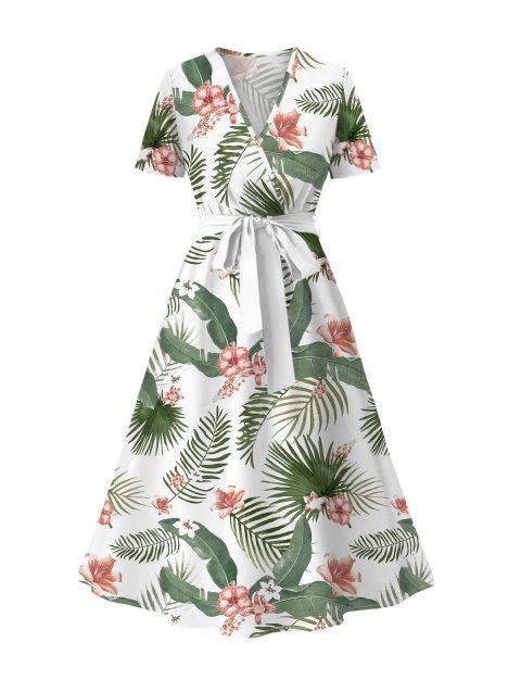 Robe de vacances midi à imprimé feuilles et fleurs, décolleté cache-cœur en V et ceinture