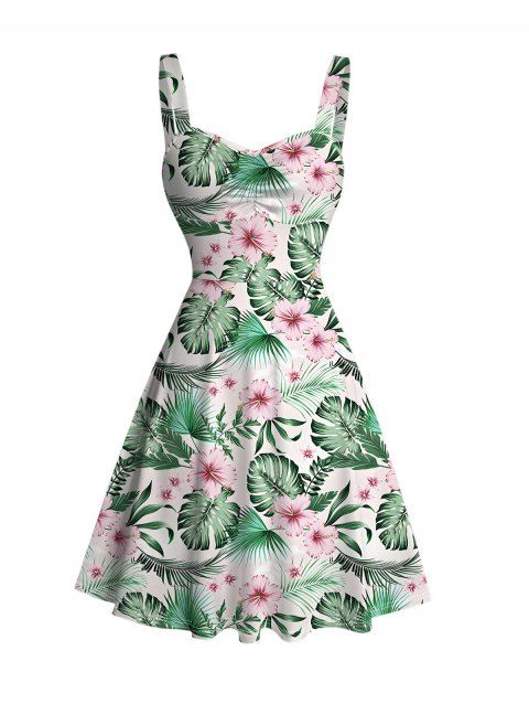 Robe de vacances mini froncée à imprimé floral et feuilles