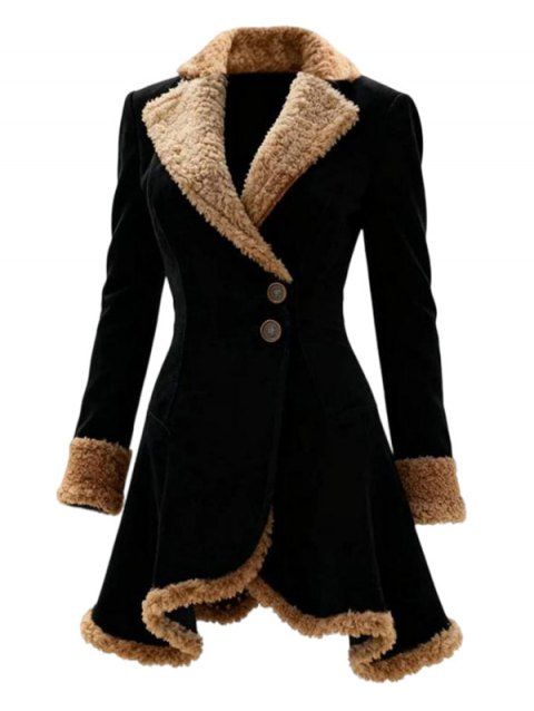 Colorblock Coat Faux Fur Button Handkerchief Hem Long Coat