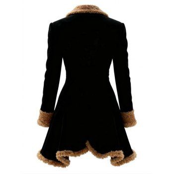 Colorblock Coat Faux Fur Button Handkerchief Hem Long Coat