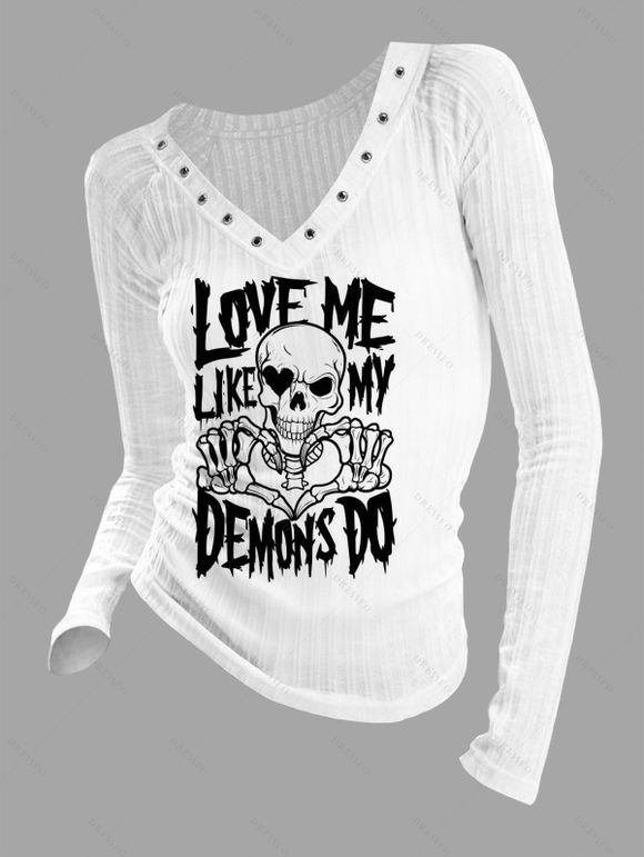 Gothic Top Textured Skull Slogan Print Grommet Long Sleeve Top - Blanc XXL | US 14