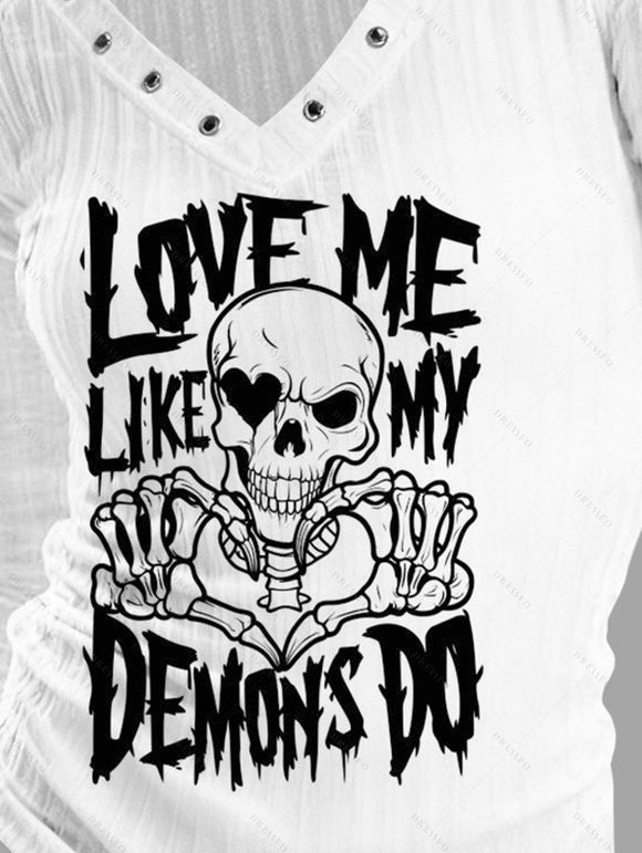Gothic Top Textured Skull Slogan Print Grommet Long Sleeve Top - Blanc XXL | US 14