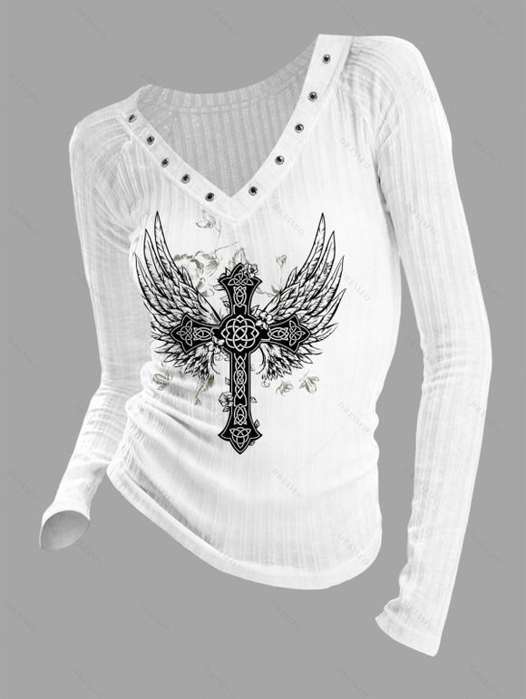Gothic Top Cross Wings Butterfly Print Textured Grommet Long Sleeve Top - Blanc XXL | US 14