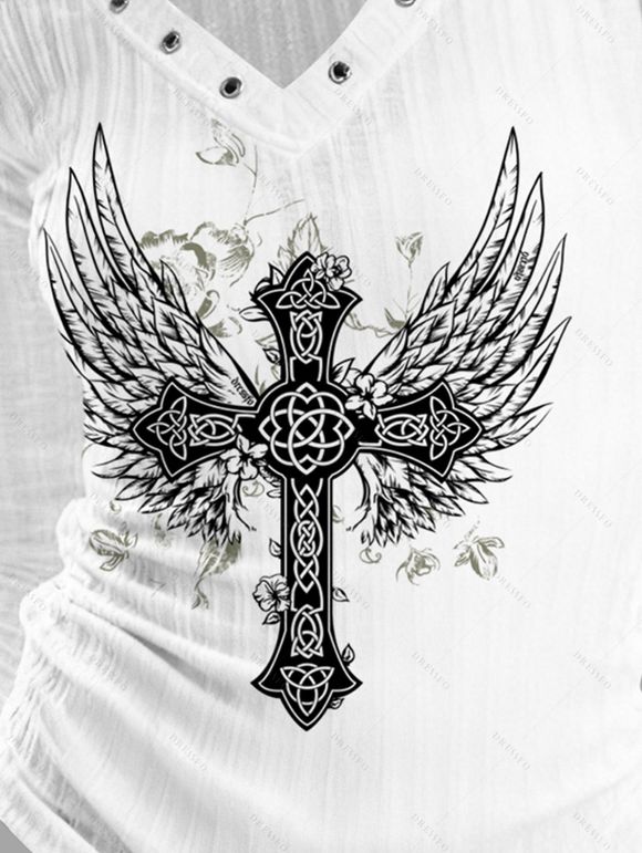 Gothic Top Cross Wings Butterfly Print Textured Grommet Long Sleeve Top - Blanc XXL | US 14