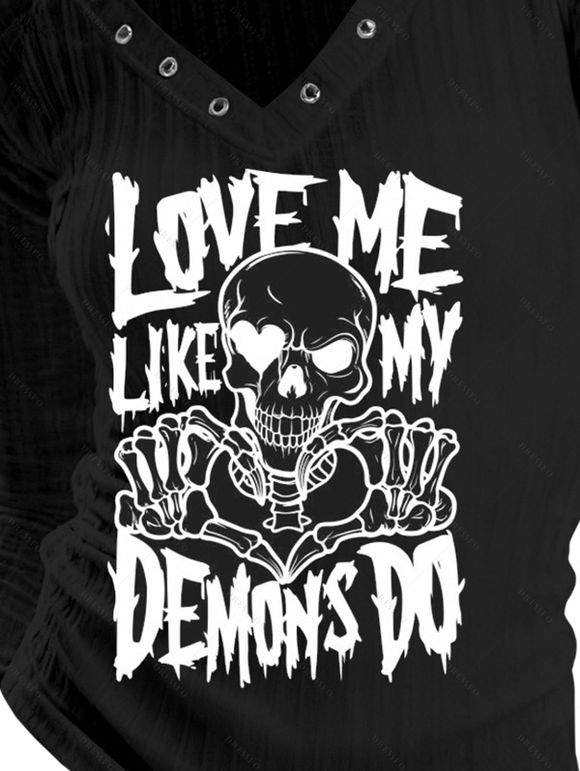 Gothic Top Textured Skull Slogan Print Grommet Long Sleeve Top - Noir XXL | US 14
