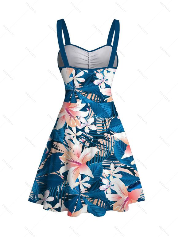Robe de vacances imprimée de lys et de feuilles, avec ceinture froncée - Paon Bleu S | US 4