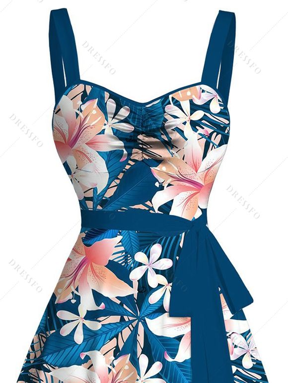 Robe de vacances imprimée de lys et de feuilles, avec ceinture froncée - Paon Bleu S | US 4