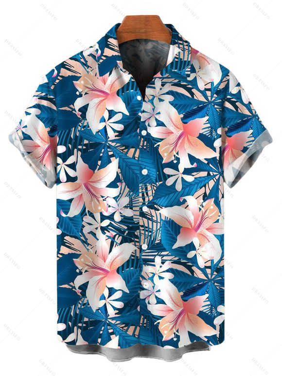 Chemise de vacances pour homme, imprimé floral lys et feuilles, à boutons - Paon Bleu S