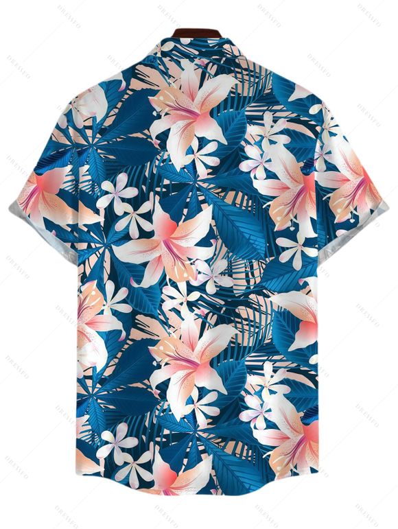 Chemise de vacances pour homme, imprimé floral lys et feuilles, à boutons - Paon Bleu S