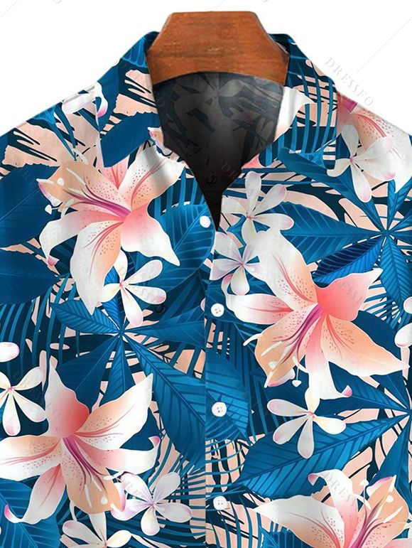 Chemise de vacances pour homme, imprimé floral lys et feuilles, à boutons - Paon Bleu S