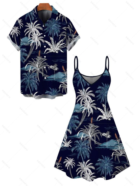 Vacation Couple Outfit Coconut Tree Print Spaghetti Strap Dress and Shirt Set - Bleu de Minuit S | US 4