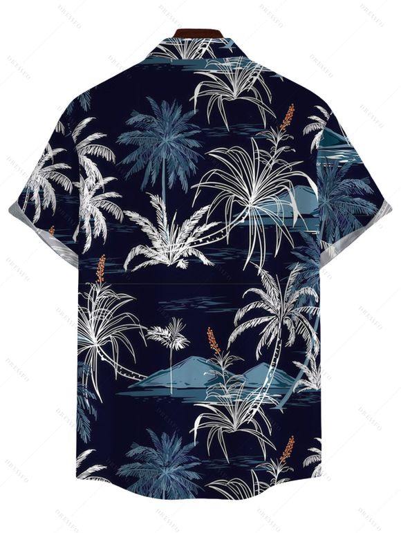 Vacation Couple Outfit Coconut Tree Print Spaghetti Strap Dress and Shirt Set - Bleu de Minuit S | US 4