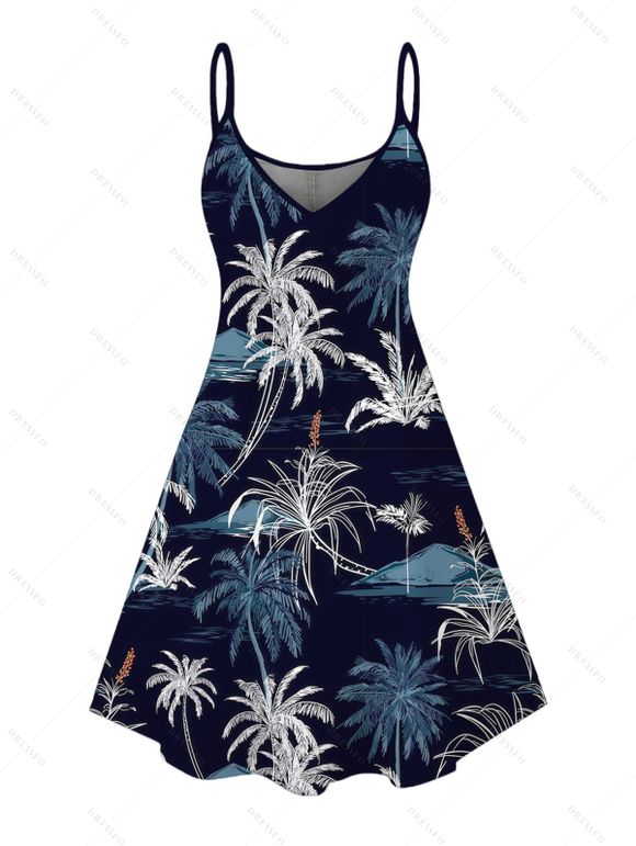 Vacation Couple Outfit Coconut Tree Print Spaghetti Strap Dress and Shirt Set - Bleu de Minuit S | US 4