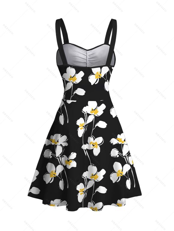 Robe de vacances mini froncée à imprimé pétales de fleurs - Noir S | US 4