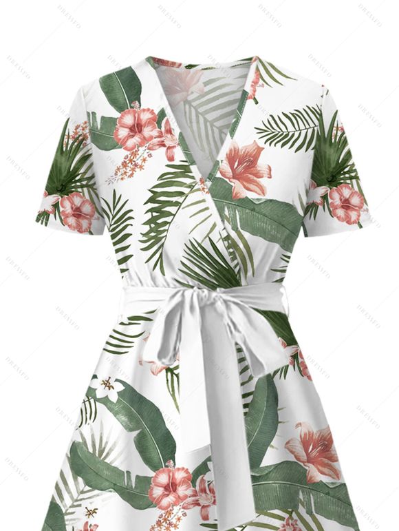 Robe de vacances midi à imprimé feuilles et fleurs, décolleté cache-cœur en V et ceinture - Blanc S | US 4