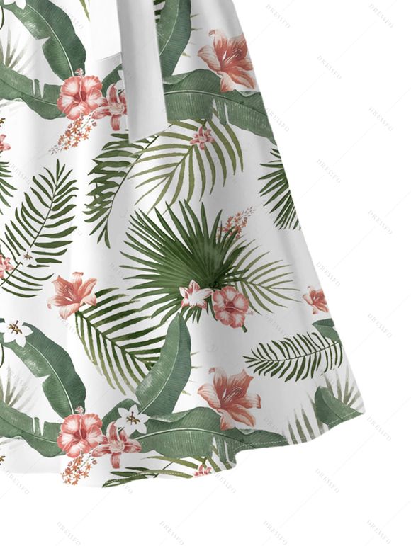 Robe de vacances midi à imprimé feuilles et fleurs, décolleté cache-cœur en V et ceinture - Blanc S | US 4