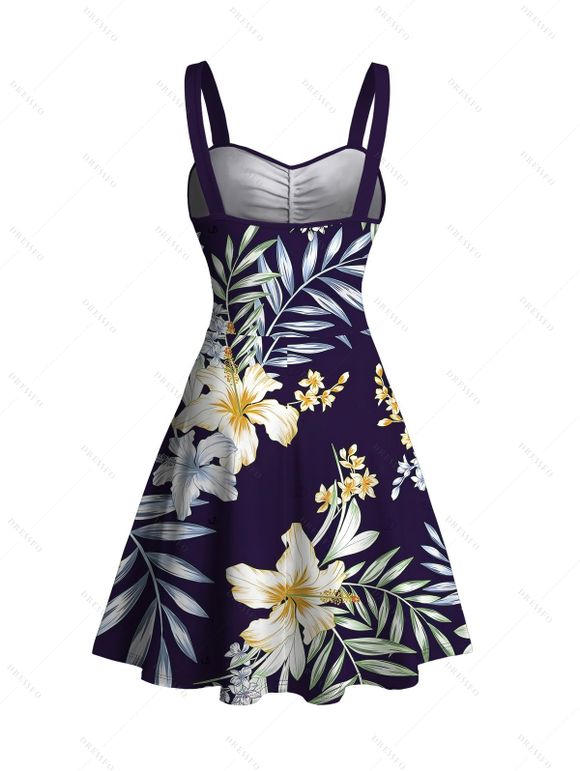 Robe de vacances mini froncée à imprimé fleurs et feuilles - Bleu de Minuit S | US 4