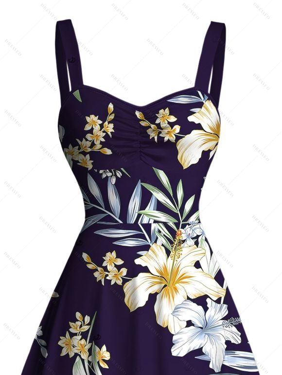 Robe de vacances mini froncée à imprimé fleurs et feuilles - Bleu de Minuit S | US 4