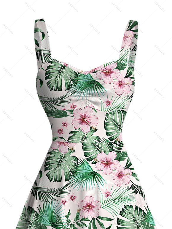 Robe de vacances mini froncée à imprimé floral et feuilles - Vert clair S | US 4