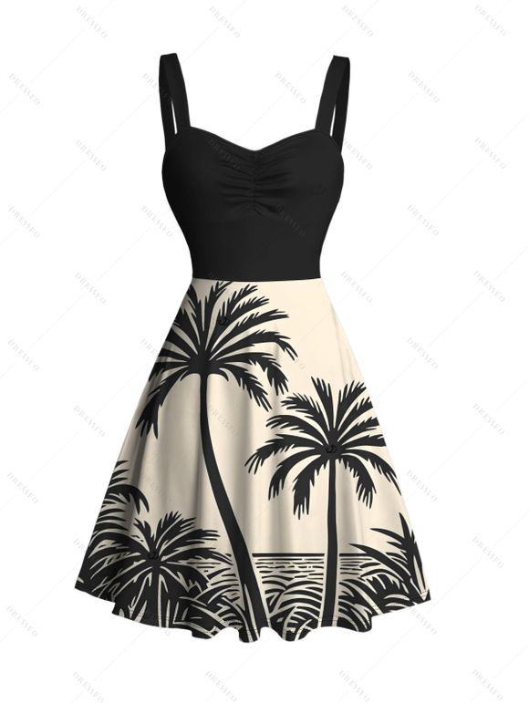 Robe de plage à imprimé cocotier colorblock et froncée - Noir S | US 4
