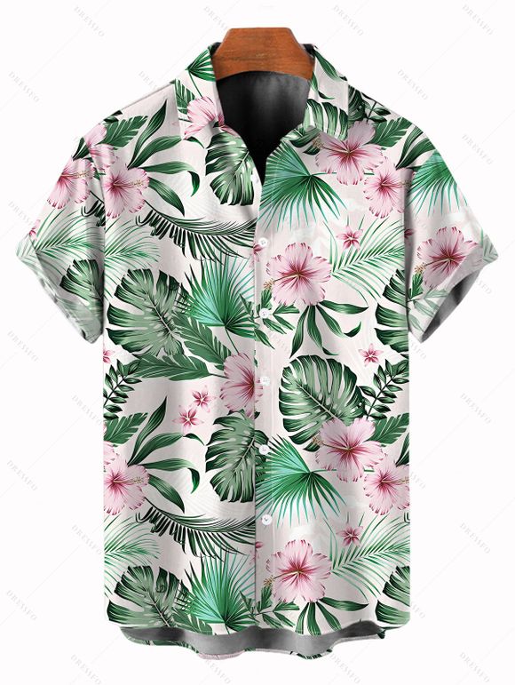 Chemise de vacances pour homme, imprimé floral et feuilles, à boutons - Vert clair 5XL