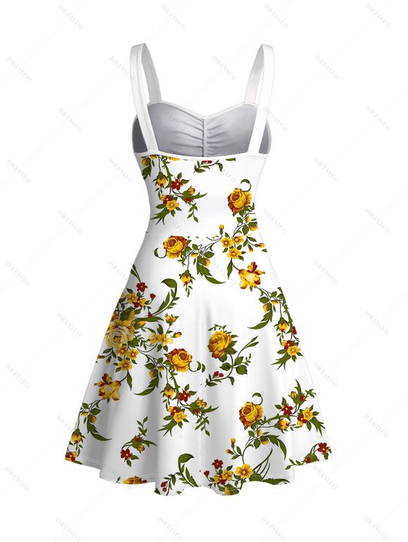 Robe de vacances mini froncée à imprimé floral et feuilles - Blanc S | US 4