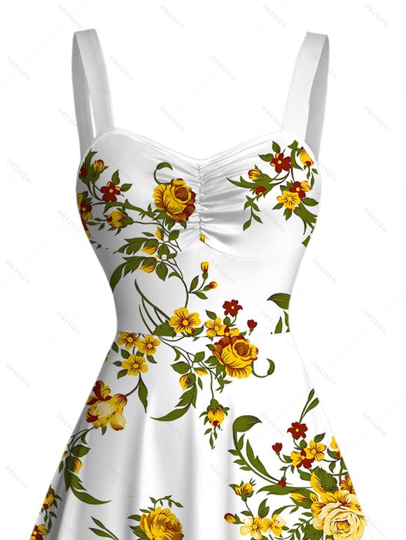 Robe de vacances mini froncée à imprimé floral et feuilles - Blanc S | US 4