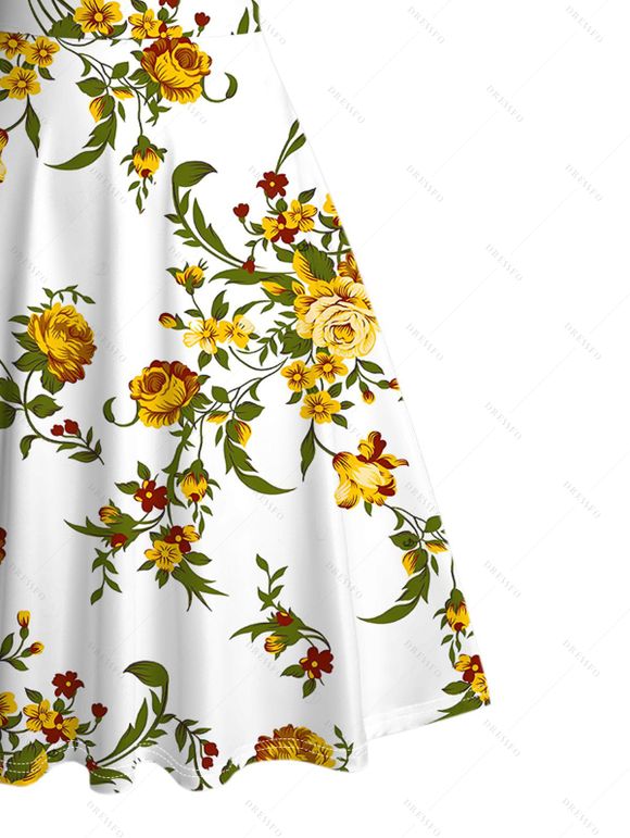 Robe de vacances mini froncée à imprimé floral et feuilles - Blanc S | US 4
