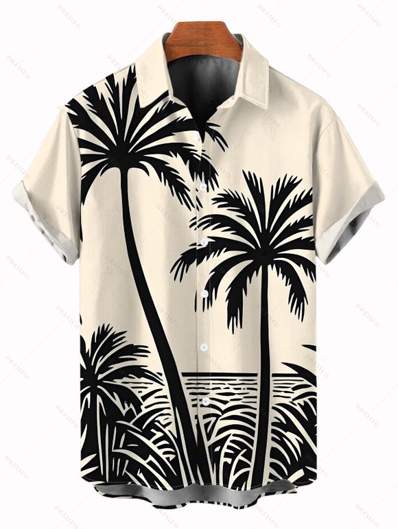 Chemise de plage pour homme, imprimé cocotier, boutonnée, style vacances - Noir 5XL